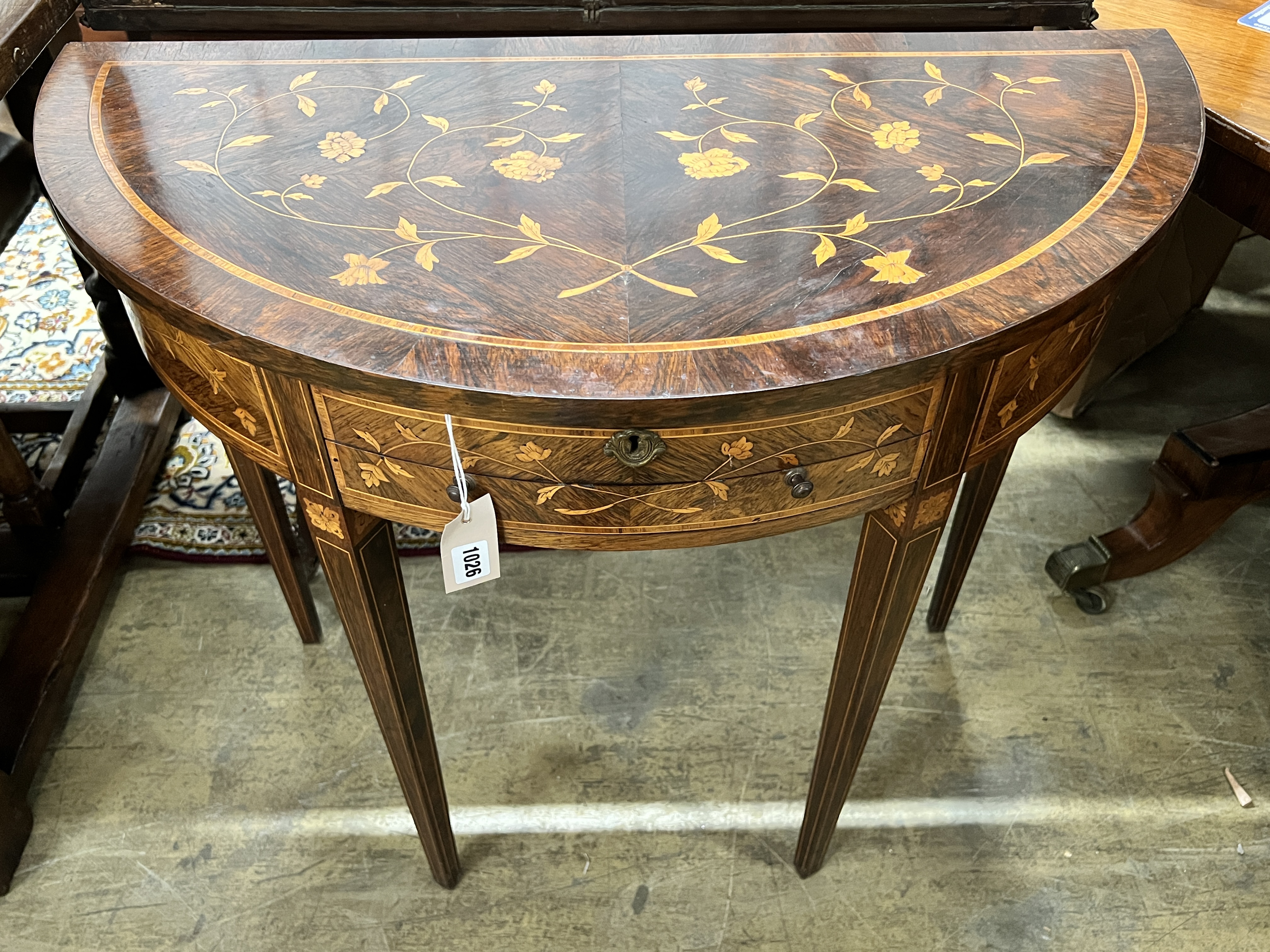 A 19th century Continental floral marquetry inlaid rosewood D shaped folding dressing table, width 86cm, depth 43cm, height 75cm